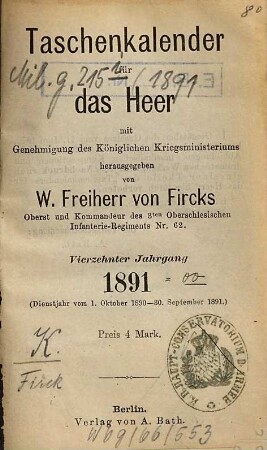 Taschen-Kalender für das Heer. 1891 = Jg. 14