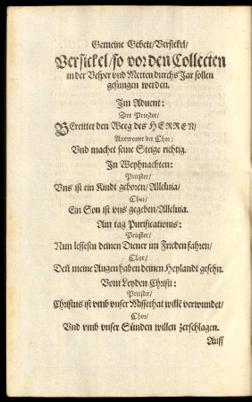Versickel/ so vor den Collecten in der Vesper und Metten durchs Jar sollen gesungen werden.
