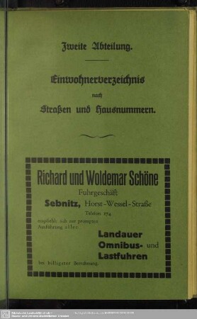 Zweite Abteilung. Häuserbuch : Zweite Abteilung. Einwohnerverzeichnis nach Straßen und Hausnummenr