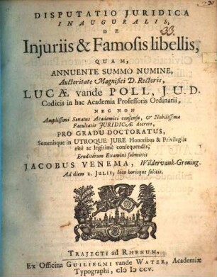 Disputatio juridica inauguralis de injuriis & famosis libellis