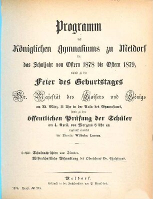 Programm des Königlichen Gymnasiums zu Meldorf : Schuljahr ..., 1878/79