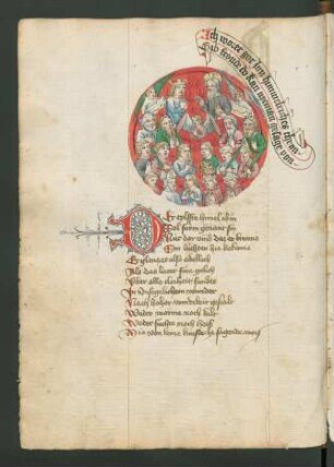 Der elfte Himmel: roter Kreis mit Halbfiguren Gottes, der Maria, Engeln und heiligen