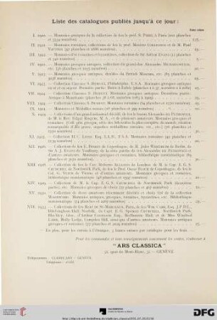 Katalogliste /(Liste des catalogues publiés jusqu’à ce jour)