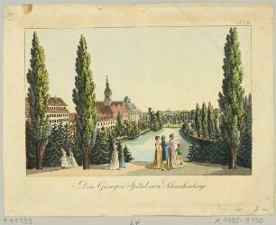 Der Schwanenteich (Bassin) in der neuen Parkanlage im Nordosten von Leipzig mit dem Zucht- und Waisenhaus Georgenhaus und dem gotischen Tor im Hintergrund vom Schneckenberg aus, aus Schwarz’ Romantischem Gemälde von Leipzig 1804 bei Tauchnitz