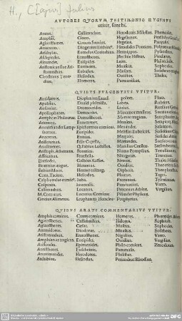 AUTORES QUORUM TESTIMONIO HYGINUS utitur, sunthi. QUIBUS FULGENTIUS UTITUR. QUIBUS ARATI COMMENTARIUS UTITUR.