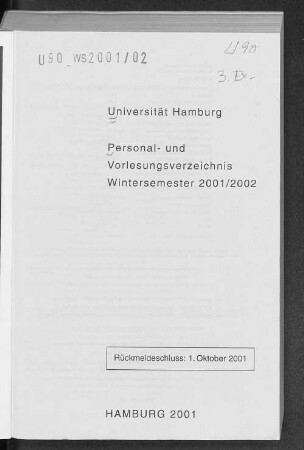 WS 2001/02: Personal- und Vorlesungsverzeichnis // Hamburgische Universität
