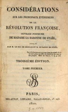 Considérations sur les principaux événemens de la révolution françoise : ouvrage posthume. 1