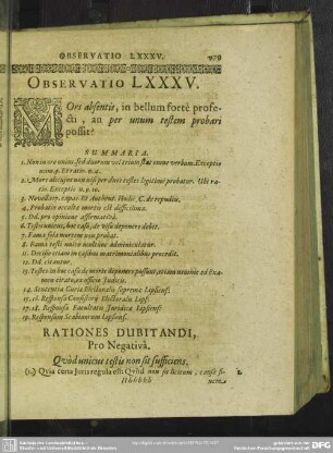 Observatio LXXXV. Mors absentis, in bellum forte profecti, an per unum testem probari possit?