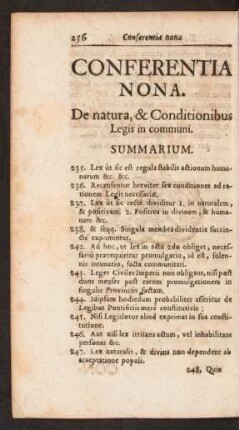 Conferentia Nona. De natura, & Conditionibus Legis in communi