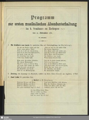 Programm zur ersten musikalischen Abendunterhaltung im k. Seminare zu Zschopau den II. November 1881