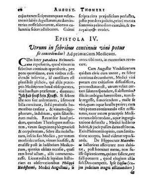 Epistola IV. Utrum in febribus continuis vini potus sit concedendus? Ad primarium Medicum.