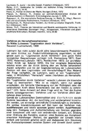 19-24, Verfahren als Herrschaftsmechanismus: Zu Niklas Luhmanns "Legitimation durch Verfahren", Neuwied (Luchterhand), 1969