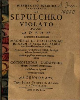Disputatio iuridica inauguralis de sepulchro violato