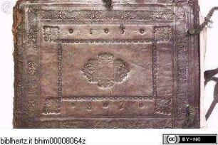 Liber Amicorum: Zeichnungs- und Klebealbum mit Zeichnungen verschiedener Künstlerfreunde, Dunkelbrauner Ledereinband, geprägt mit Jahreszahl 1587