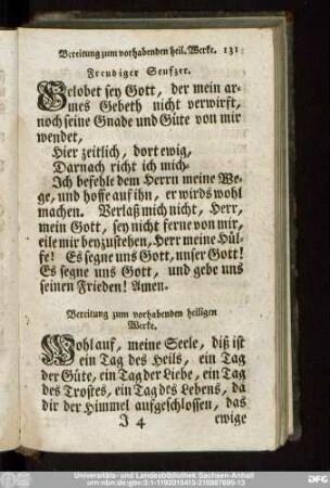 Bereitung zum vorhandenen heiligen Werke.