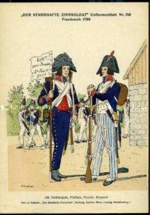 Uniformdarstellung, Füsiliere, Fourier und Korporal der 105. Halbbrigade, Republik Frankreich, 1796.