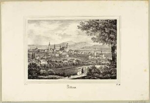 Stadtansicht von Zittau in der Oberlausitz vom Kummersberg im Nordwesten, im Hintergrund das Isergebirge, aus der Zeitschrift Saxonia, 1. Bd. 1835, Variante