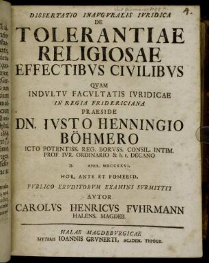 Dissertatio Inavgvralis Ivridica De Tolerantiae Religiosae Effectibvs Civilibvs