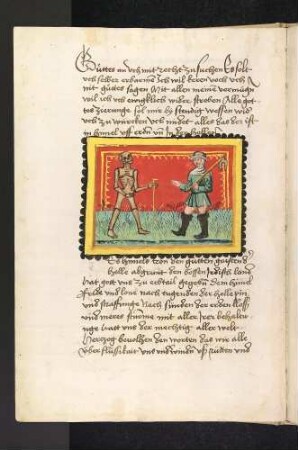 Dialogszene zwischen Tod und Ackermann: Der Tod stellt sich selbst als universale Macht dar.