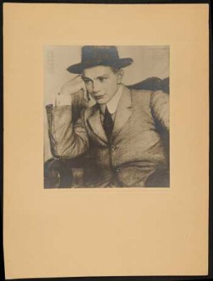 Portraitzeichnung von Rudolf Kassner mit Hut und aufgestütztem rechten Arm