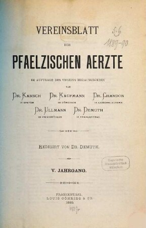 Vereinsblatt der Pfälzischen Ärzte. 5. 1889