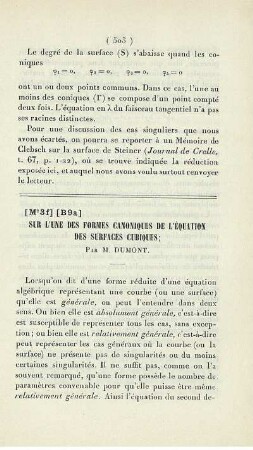 Sur l'une des Formes Canniques de l'Équation des surfaces Cubiques.