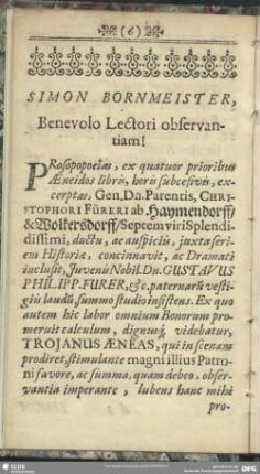 Simon Bornmeister, Benevolo Lectori observantiam!