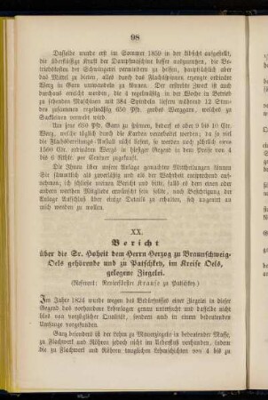 XX. Bericht über die Sr. Hoheit dem Herrn Herzog zu Braunschweig-Oels gehörende und zu Patschkey, im Kreise Oels, gelegene Ziegelei