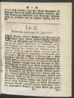 Lit. C. Sententia publicata 15. Julii 1701.