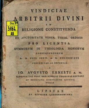 Vindiciae Arbitrii Divini In Religione Constitvenda, [1] : A. D. XXII. Sept. A. C. MDCCLVI