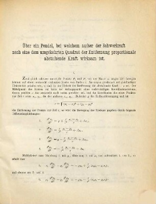 Über ein Pendel, bei welchem ausser der Schwerkraft noch eine dem umgekehrten Quadrat der Entfernung proportionale abstossende Kraft wirksam ist