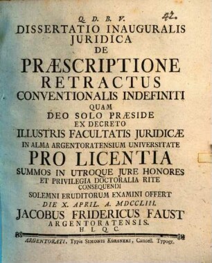 Dissertatio inauguralis juridica de praescriptione retractus conventionalis indefiniti