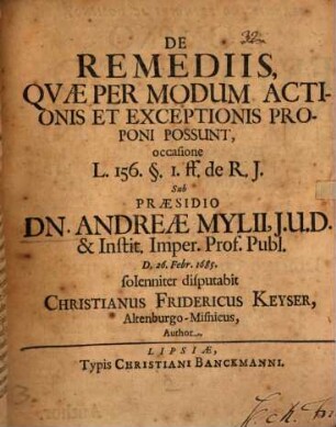 De remediis, quae per modum actionis et exceptionis proponi possunt occasione l. 156 §1 ff. de R. I.