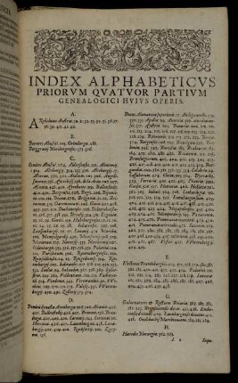 Index Alphabeticus Priorum Quatuor Partium Genealogici Huius Operis.