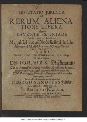 Disputatio Iuridica De Rerum Alienatione Libera