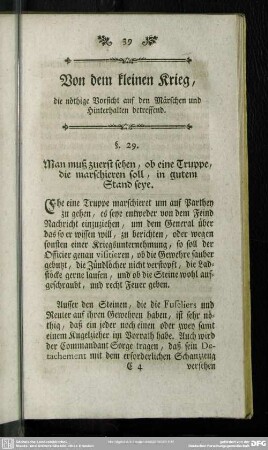 Von dem kleinen Krieg, die nöthige Vorsicht auf den Märschen und Hinterhalten betreffend