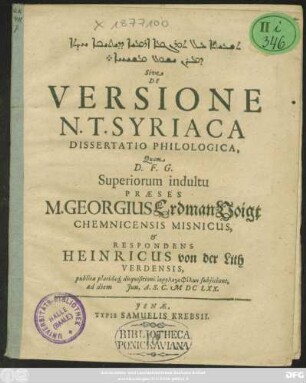 [...] Sive De Versione N.T. Syriaca Dissertatio Philologica