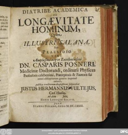 Diatribe Academica De Longaevitate Hominum