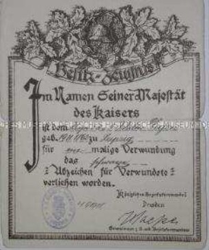 Verleihungsurkunde des schwarzen Verwundetenabzeichens für Walter Degen; Dresden, 4. Sept. 1918