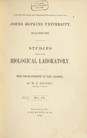 Studies from the Biological Laboratory. 1,4. 1880