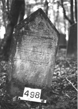 Grabstein 498 (Index: 99900904) Material: Sandstein Zustand: stark verwittert Maße HxBxT: 84x42x12 cm Beschreibung: Stele mit Dreiecksabschluss: Grabstein 498