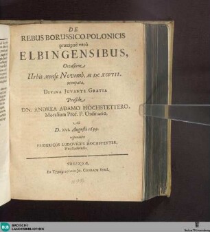 De Rebus Borussico-Polonicis, praecipue vero Elbingensibus