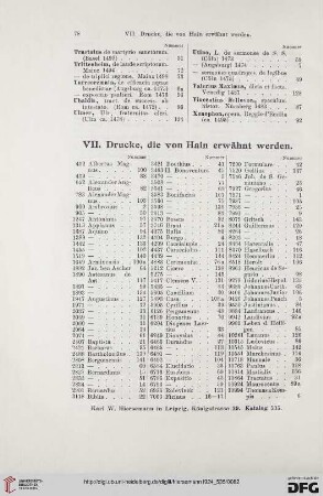 VII. Drucke, die von Hain erwähnt werden