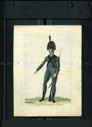 Uniformdarstellung, Jäger des Herzoglich Weimarschen Jäger-Korps, Sachsen 1807/1812. Aus: Weiland: Darstellung der Stärke und Organisation der Kaiserlich Französischen Armee und ihrer Alliierten im Jahr 1807 und 1812 nebst 148 Kupfern, die Uniformen derselben darstellend. Weimar, 1812.