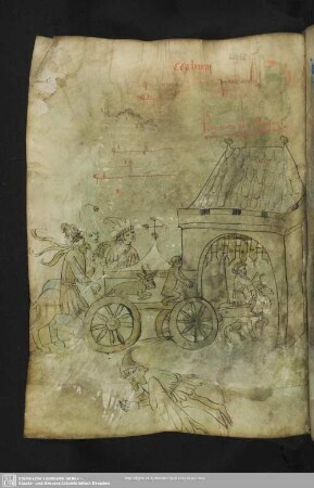 159v: kolorierte Federzeichnung: Heimkehr der Bundeslade (mit einem Götzenbild und einem Kalb anstelle der fünf goldenen Mäuse), Tod des Ungehorsamen