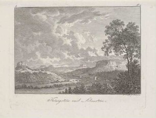Das Elbtal in der Sächsischen Schweiz mit dem Lilienstein und dem Königstein, im Hintergrund Papststein, Gohrisch und Pfaffenstein, aus Engelhardts und Veiths Mahlerischen Wanderungen durch Sachsen