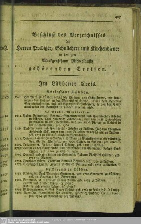Beschluß des Verzeichnisses der Herren Prediger, Schullehrer und Kirchendiener in den zum Markgrafthum Niederlausitz gehörenden Creisen