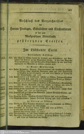 Beschluß des Verzeichnisses der Herren Prediger, Schullehrer und Kirchendiener in den zum Markgrafthum Niederlausitz gehörenden Creisen