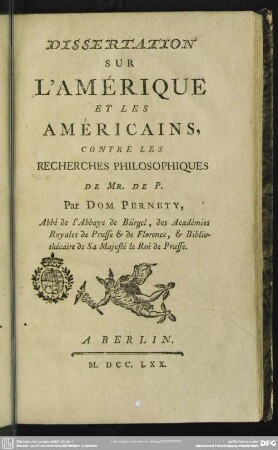 Dissertation Sur L'Amérique Et Les Américains, Contre Les Recherches Philosophiques De Mr. De P.