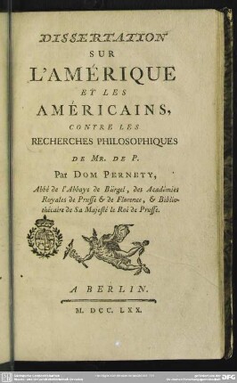 Dissertation Sur L'Amérique Et Les Américains, Contre Les Recherches Philosophiques De Mr. De P.